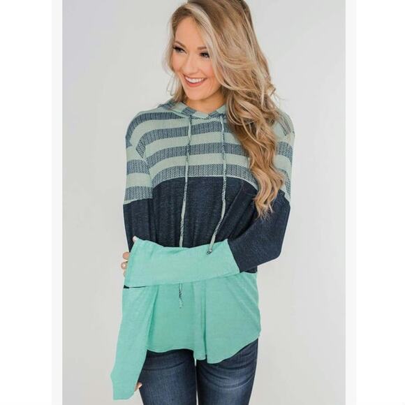 Pullover Hoodie Stripe Colorblock Womens Top Sz XL Green Blue Long Sleeve Shirt - Picture 12 of 16
